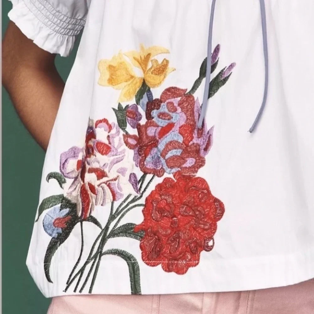 Anthropologie Boho White‎ Floral Puff Sleeve Blouse Embroidered Cotton LP